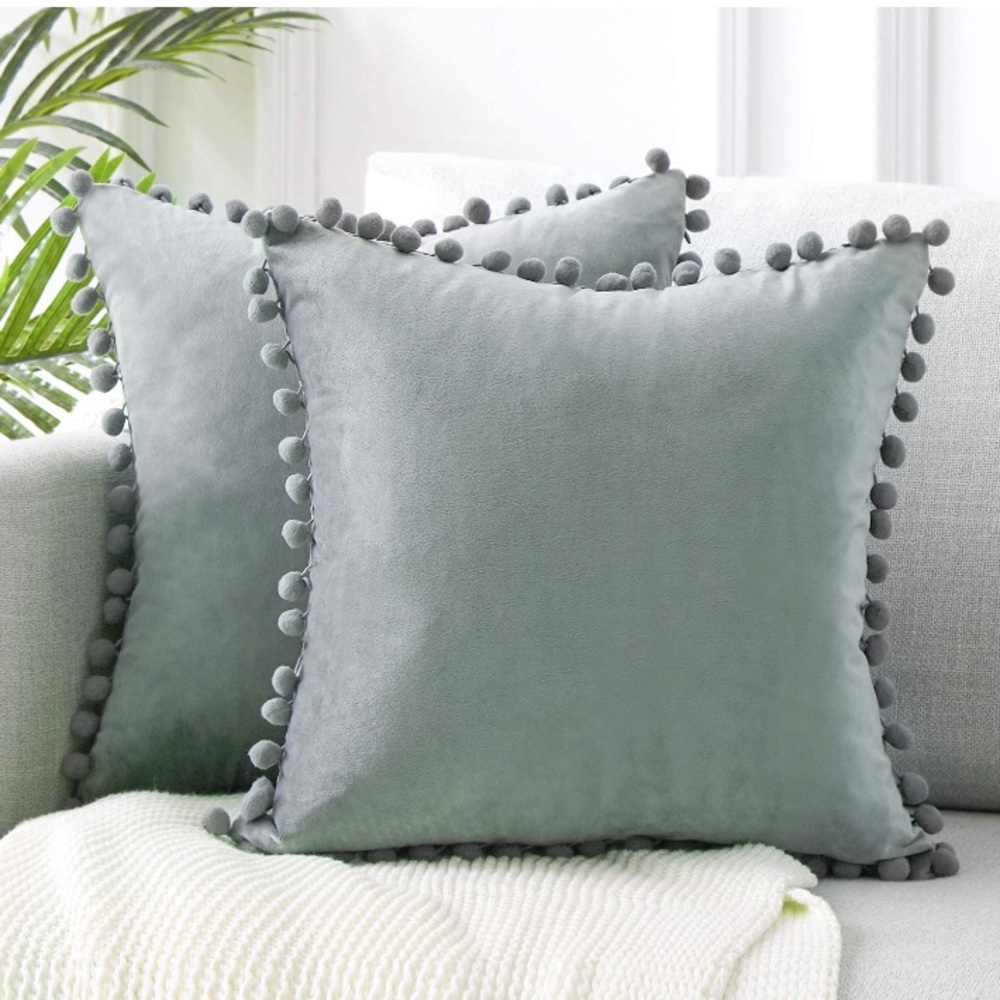 Trendy Light Grey Modern Cute Preppy Pompom Fringe Throw Pillow Cover Twin Set - Picture 1 of 16
